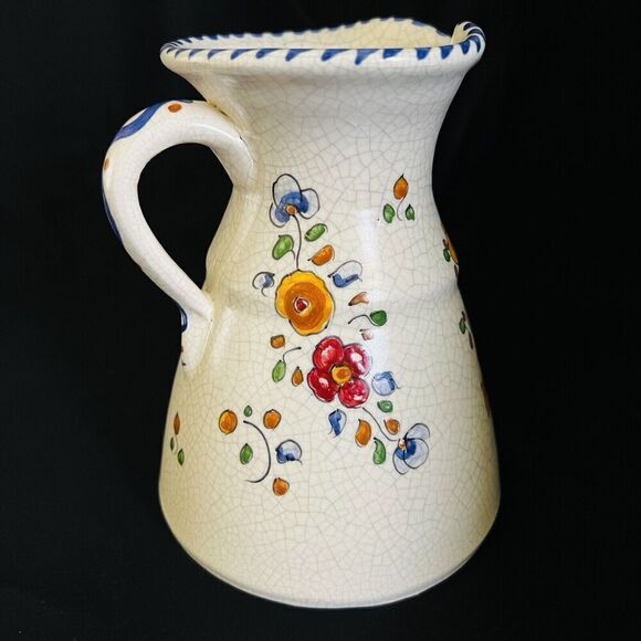 RARE Talavera Crackle Glaze Vase Jug Pitcher Vintage Handle MCM Flowers Flower - Picture 3 of 10